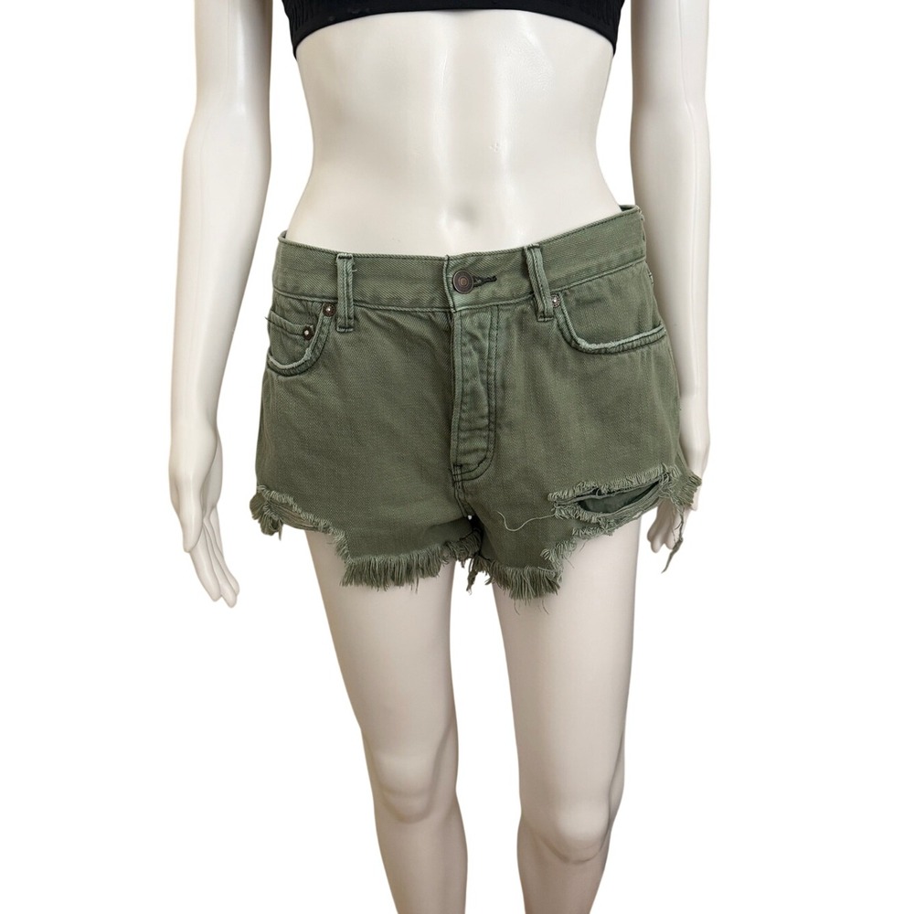 We The Free Olive Green Distressed Denim Cutoff Shorts Size 27